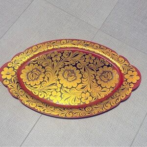 Vintage Khokhloma Lacquer Oval Wood Tray Platter Painted in USSR